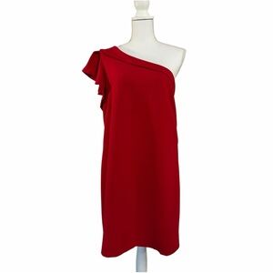 Greylin Red Stretch Crepe One Shoulder Mini Dress Size Large with Ruffle Sleeve